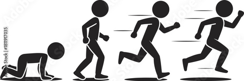 Evolution of human movement shown through stick figure progression from crawling to walking and running in dynamic black silhouette illustration