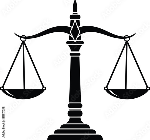 Elegant black silhouette of balanced justice scales symbolizing fairness, law, equality, legal judgment, courtroom integrity, and ethical decision-making in professional contexts.