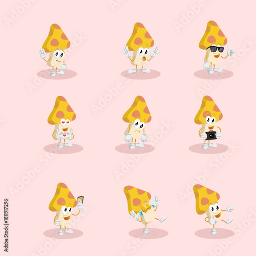 Cute Yellow Mushroom Mascot Character Set with Different Poses