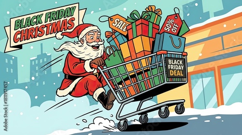Santa pushes shopping cart full of gifts during Black Friday Christmas sale.