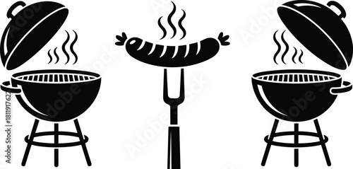 Grill barbecue icons with steaming sausage on fork, outdoor cooking symbol illustration for summer BBQ, grilling equipment and food design