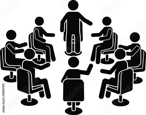 Group discussion or training seminar icon, stick figures seated in chairs around a standing speaker, vector illustration.