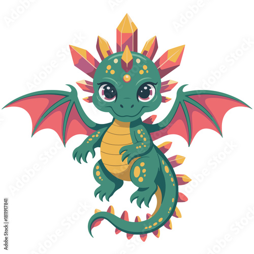A charming illustration of a cute, friendly dragon with gemstone adornments, ready for adventure