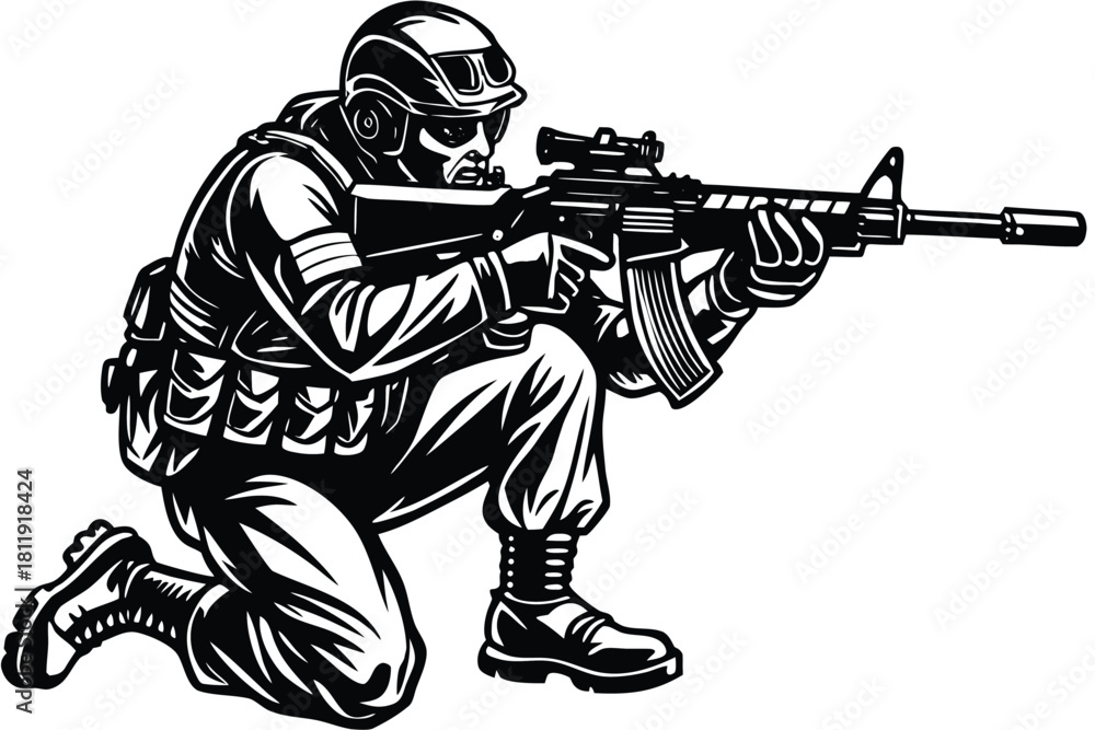 Fototapeta premium Soldier aiming rifle in crouched position silhouette