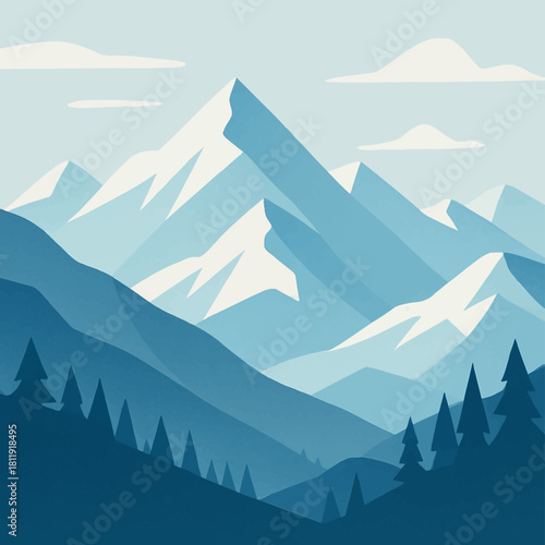 Serene mountain landscape with snow capped peaks and blue hues creating a peaceful vista view