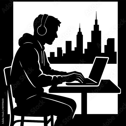 Silhouette of a focused coder working on a laptop with a cityscape view in the background at night