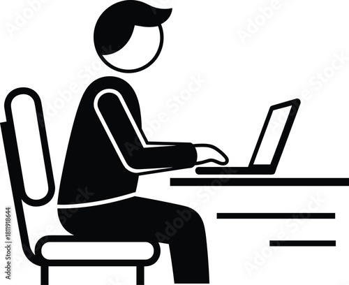 Silhouette illustration of person working on laptop at desk, sitting on chair with proper posture, modern workspace concept for productivity and office design
