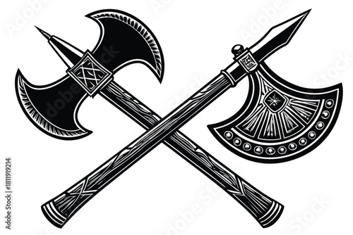 Two crossed battle axes silhouette with ornate handles
