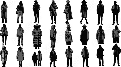 Vector silhouettes man and women, illustration. Silhouettes of people posing in warm winter clothes. EPS version.