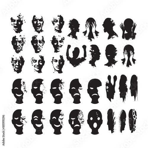 Expressive human profiles in black silhouette style with surreal textures and emotional breakdown patterns