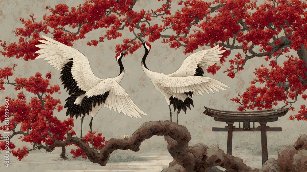 Obraz premium Two cranes stand in red flowering trees with a traditional Japanese Torii