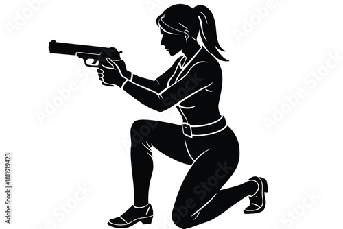 Woman in silhouette aiming a handgun while kneeling silhouette