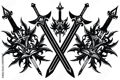 Ornate crossed swords and blades silhouette design