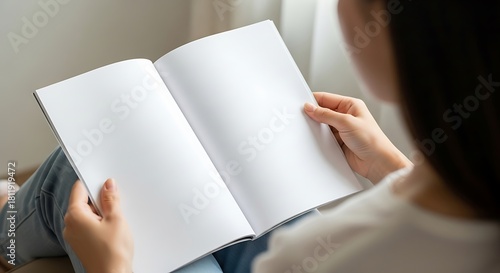 Person holding an open blank magazine or book with empty white pages, providing ample copy space for custom content or design mockups