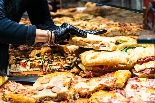 Buffet of focaccia and sandwich focaccia of any kind in Italy.