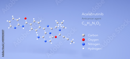 Fototapeta Naklejka Na Ścianę i Meble -  acalabrutinib molecule, molecular structure, anticancer agent 3d model, Structural Chemical Formula and Atoms with Color Coding