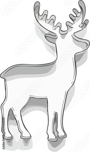 A grayscale illustration of a reindeer or moose shaped cookie cutter with a shadow on a white background.