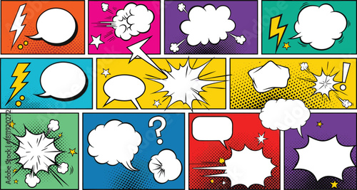 Retro Pop Art Comic Book Panel Layout Template, Colorful Vector Set of Speech Bubbles, Explosions, Halftone Dots, and Action Elements for Communication and Design.