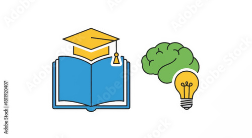 Education and learning concept vector illustration. Open book with graduation cap, brain and lightbulb. School, university and knowledge symbols. Flat design icon for academic success and creativity