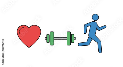 Health and fitness vector icons set. Heart dumbbell and running man symbols. Minimalist flat design illustration for gym and workout concepts