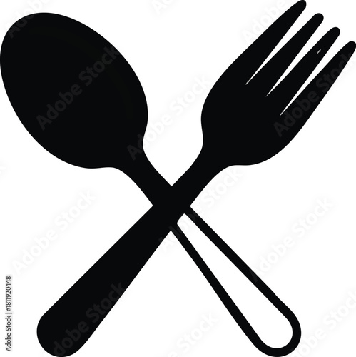 A simple black silhouette of a crossed spoon and fork representing dining and food.