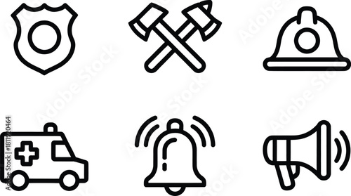 Emergency Services Line Icons Set – Police, Firefighter, Ambulance, Safety Alert Symbols Vector.
