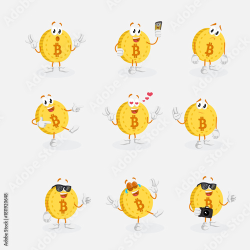 Confident Bitcoin Logo Mascot Cartoon Character All Set Vector Illustration