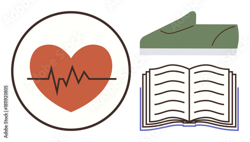 Heartbeat monitor in heart, an open book, and a running shoe representing health, education, and fitness. Ideal for wellness, knowledge, balance, lifestyle healthy habits learning and exercise