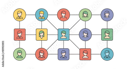 People network connection diagram. Social media and team hierarchy concept. Hand drawn sketch style vector illustration of connected avatars.