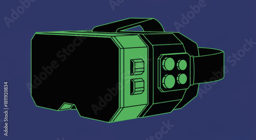 Retro futuristic VR headset vector illustration. 90s style virtual reality goggles with neon green details. Cyberpunk gaming device concept