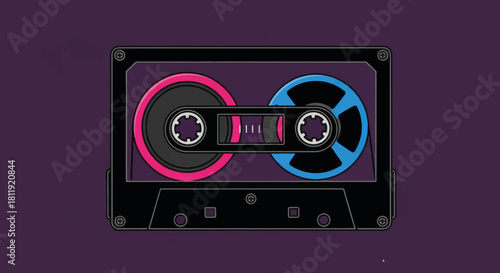 Retro audio cassette tape vector illustration. Vintage 80s music mixtape concept with pink and blue reels. Flat design analog sound recording media