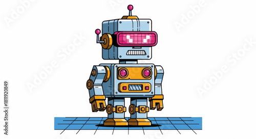 Retro futuristic robot character vector illustration. Cartoon android mascot with antenna and pixel visor. Vintage sci-fi toy style isolated on white background