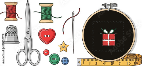 Collection of sewing and embroidery tools including thread, scissors, buttons, thimble, needle, and a cross-stitch hoop with a gift design.