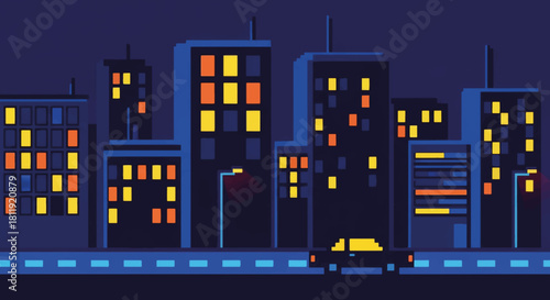 Pixel art night city landscape. Retro 8-bit vector illustration of urban skyline with skyscrapers and car. Vintage arcade game background.