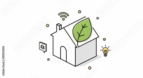 Smart home and eco-friendly housing concept. Vector line art illustration of a house with a green leaf and wifi signal. Sustainable energy and automation icon