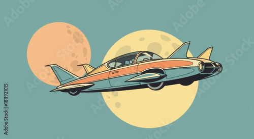 Retro futuristic flying car in space. Vintage comic style vector illustration. Classic sci-fi vehicle with moons background