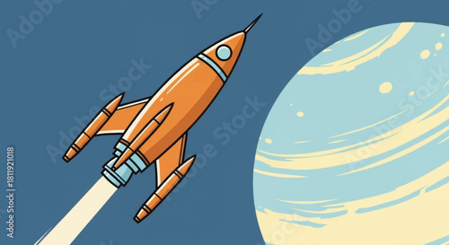 Retro futuristic rocket ship flying in space with planet. Vector illustration of spaceship launch. Startup and exploration concept.