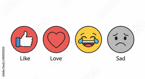 Social media reaction icons set. Like love laugh and sad emoji symbols. Flat design vector illustration