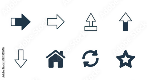 Hand drawn navigation icon set. Sketchy arrows home star and refresh symbols. Vector illustration for UI design