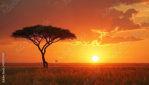 Fototapeta Naklejka Na Ścianę i Meble -  African savanna landscape at sunset with acacia tree silhouette. Golden sun sets on horizon over grassland. Calm safari scenery in tranquil wilderness. Peaceful nature background of Serengeti for