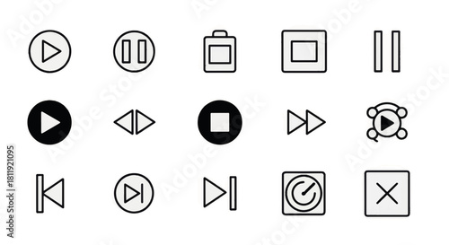 Media player control icon set. Play, pause, stop and navigation buttons. Minimalist vector symbols for UI design