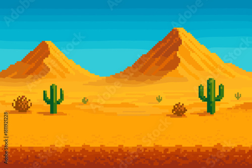 Vibrant pixel art desert landscape featuring cacti and majestic sand dunes under a bright blue sky, perfect for retro gaming or graphic design projects