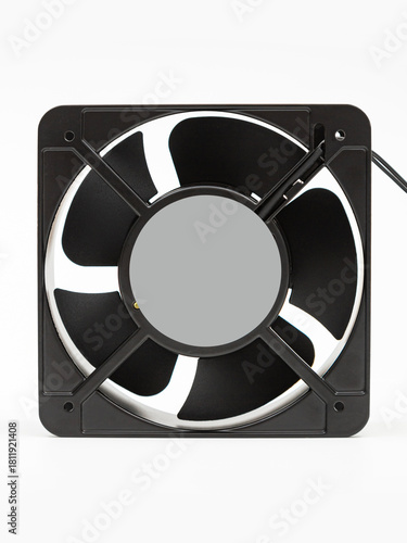 Black fan on a white background. Ventilation.