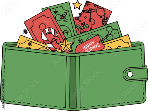 A green wallet overflowing with holiday-themed money, gift cards, and festive decorations.