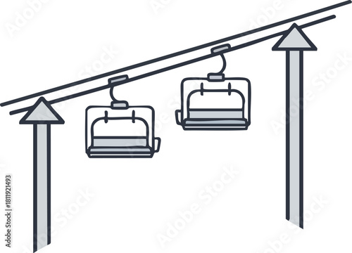 Two ski lift chairs suspended from a cable, moving up a mountain.