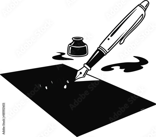 An ink pen with inkwell and spilled ink on a black paper, creating a writing scene.
