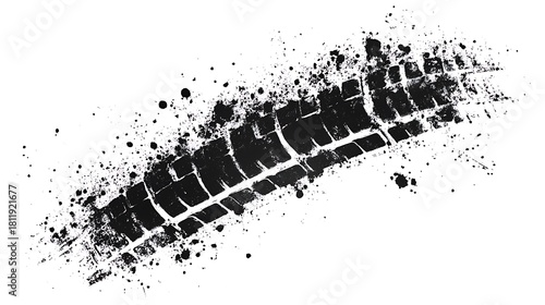 Monochrome Impression of a Tire Tread with Texture Splatters on White Surface