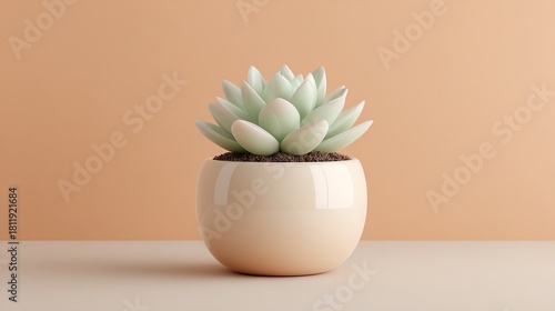 A vibrant succulent plant in a modern pot against a soft peach background.