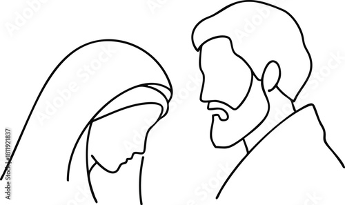 Simple line art drawing of Mary and Joseph in profile, looking at each other, religious theme.