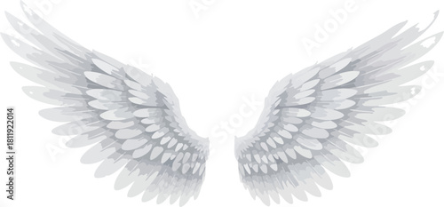 A detailed watercolor illustration of a pair of white angel wings, spread wide against a white background.